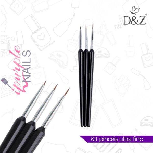 Kit De Pinceis Pretos Ponta Extra Fina 3 unidades Desenhos D&Z